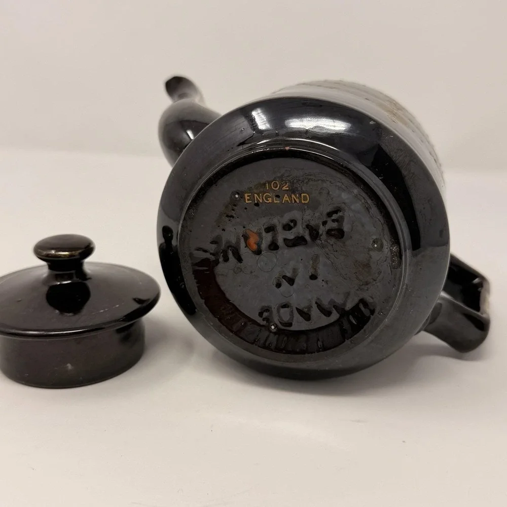 Vintage English Teapot Black Glaze Hand Painted‎ Made in England